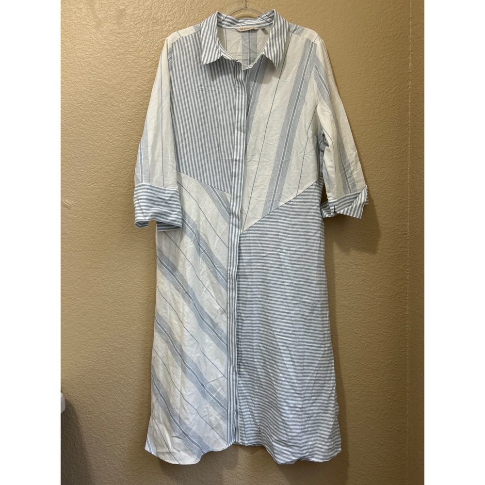 Soft Surroundings Blue White Striped Linen Cotton Midi Shirt dress XL Lagenlook
